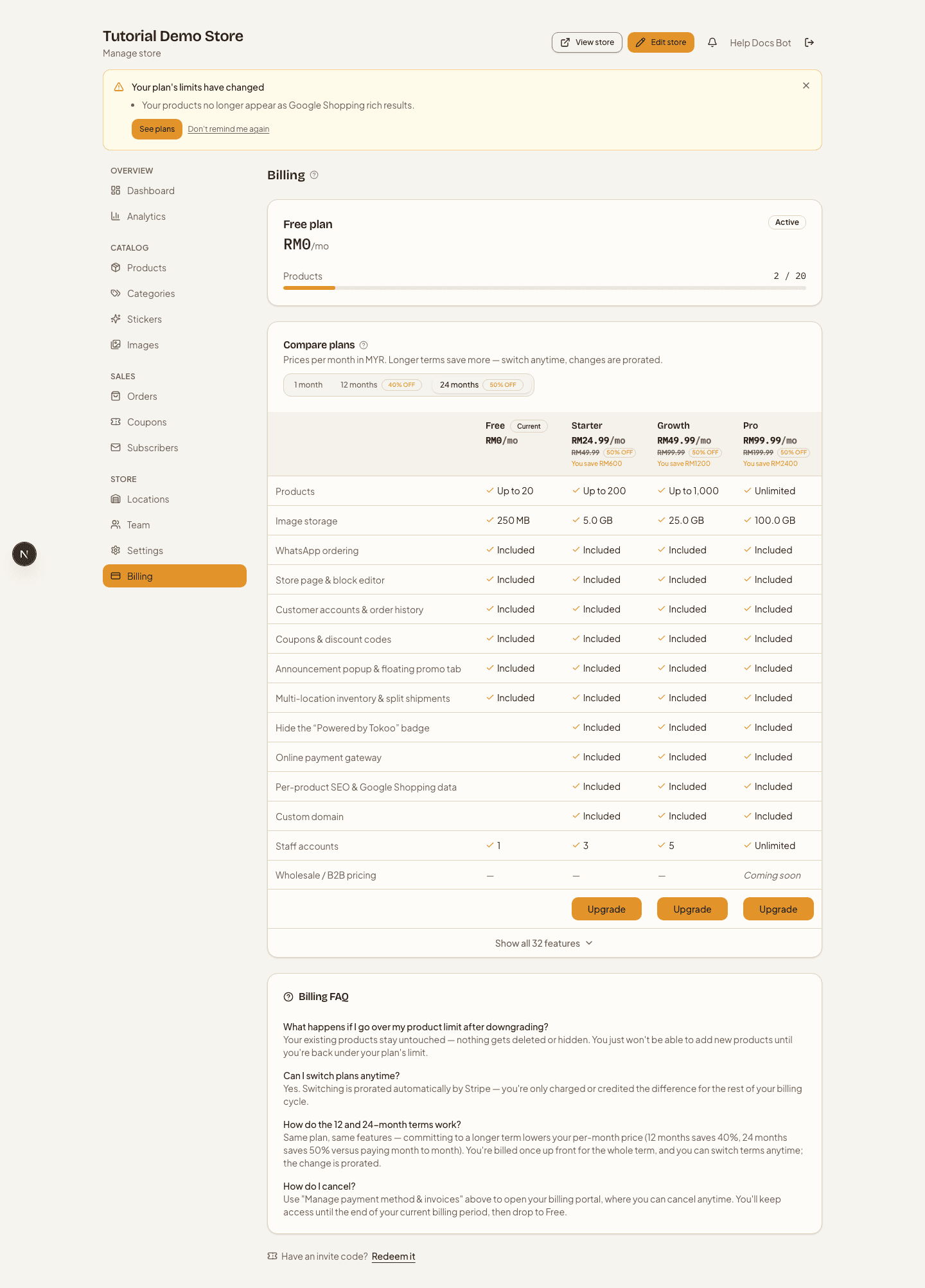 The Billing page's plan comparison table across Free, Starter, and Pro