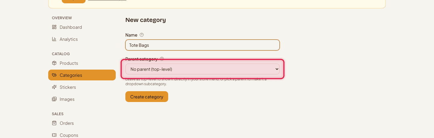 The New category form with the Parent category dropdown highlighted