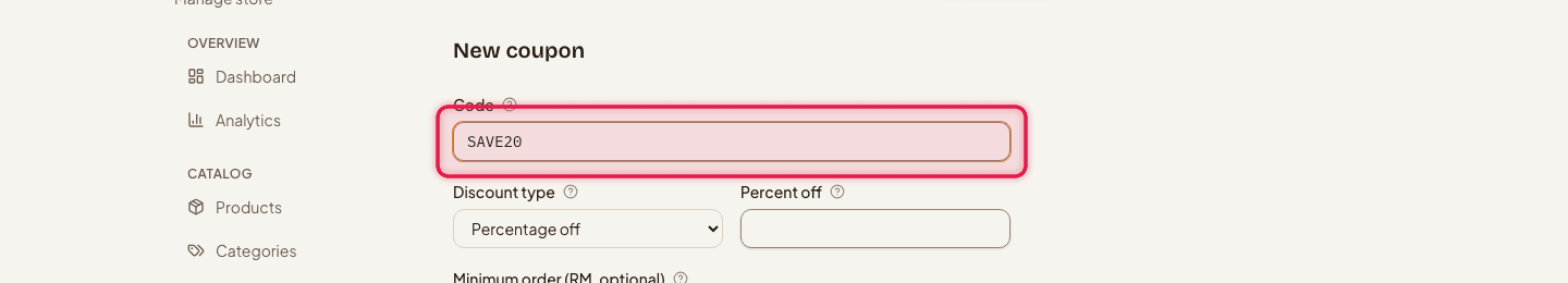 The New coupon form with the Code field highlighted, filled in with SAVE20