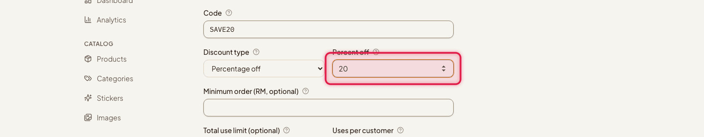 The Discount type select and Percent off field highlighted