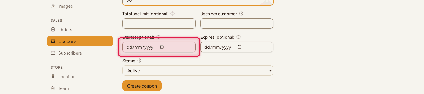 The Starts and Expires date fields highlighted
