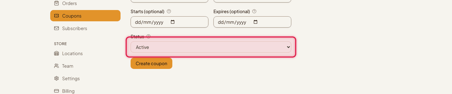 The Status dropdown and Create coupon button highlighted