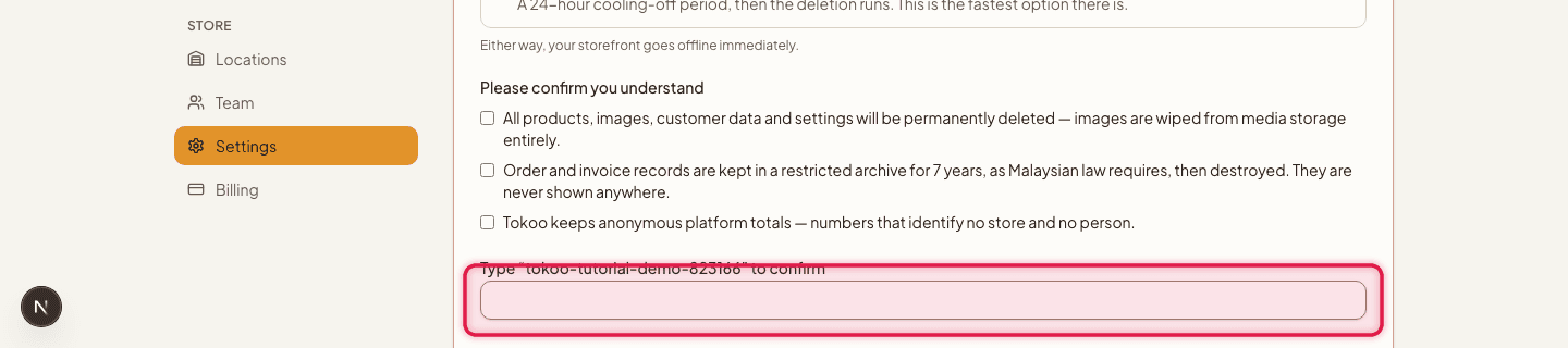 The slug confirmation input field highlighted