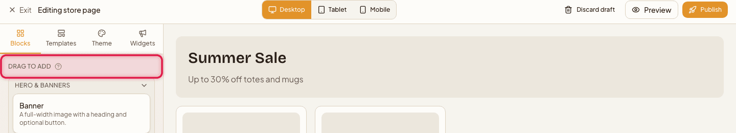 The store editor's drag-to-add block palette highlighted