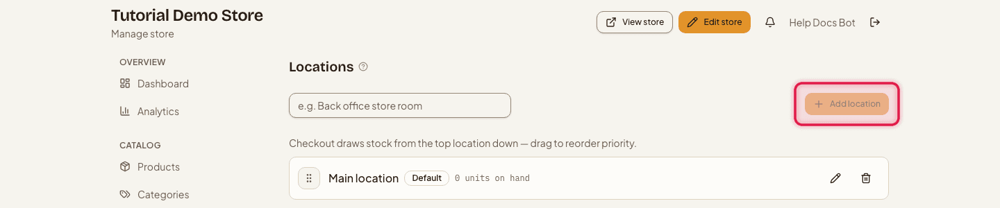 The Locations page with the Add location field and button highlighted