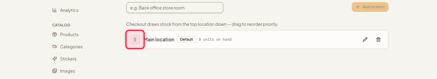 The Locations list with a drag handle highlighted