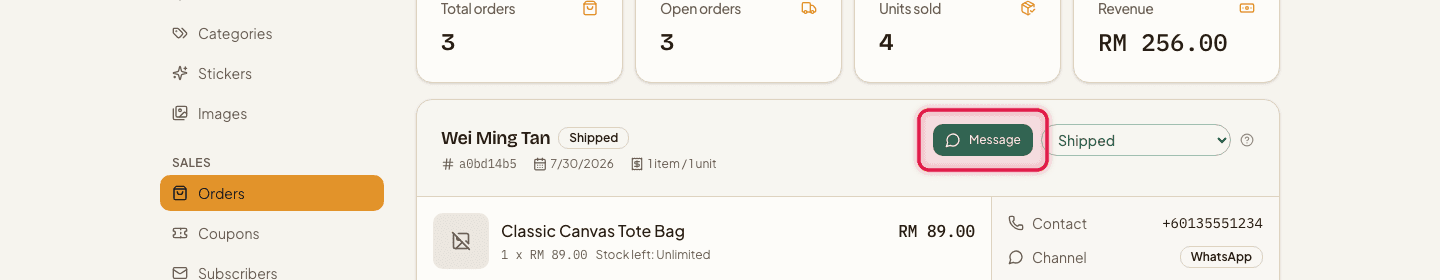 An order card with the Message button highlighted