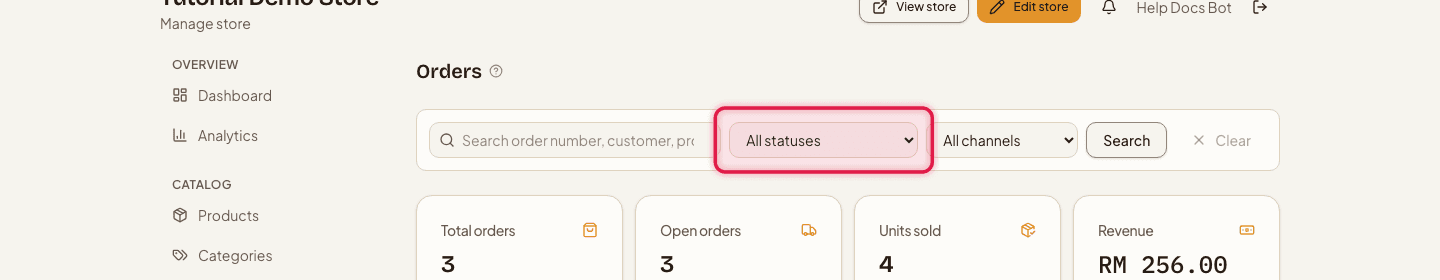 An order card with the status dropdown highlighted