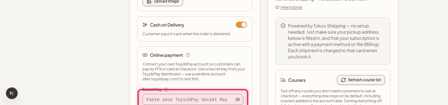 The Online payment card with the Secret Key field highlighted