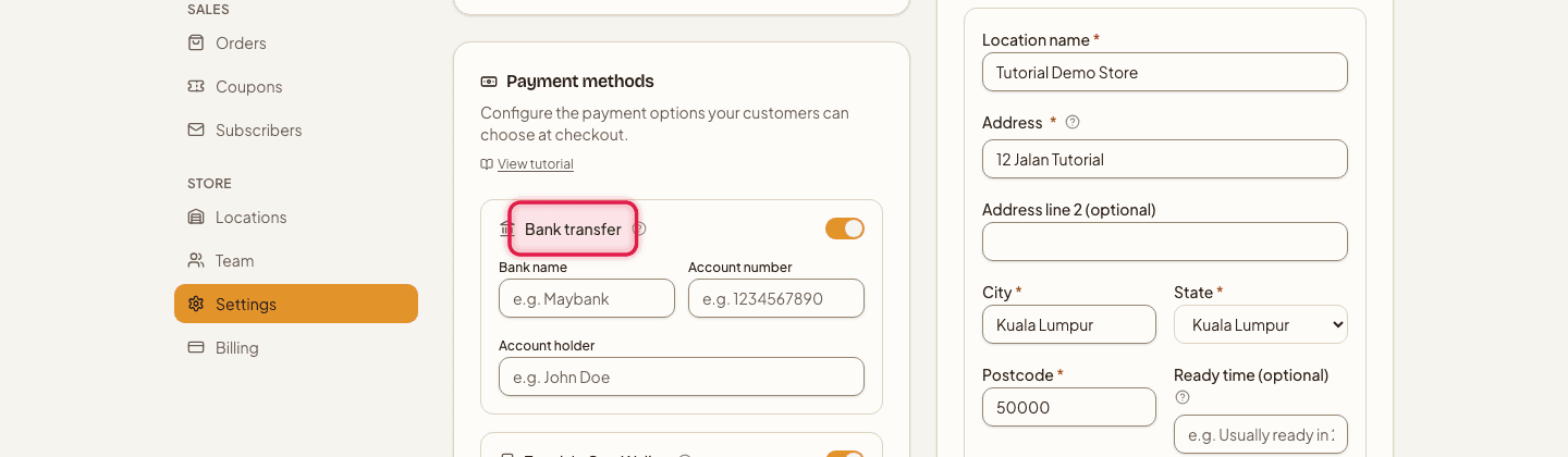 The Payment methods card with the Bank transfer option highlighted