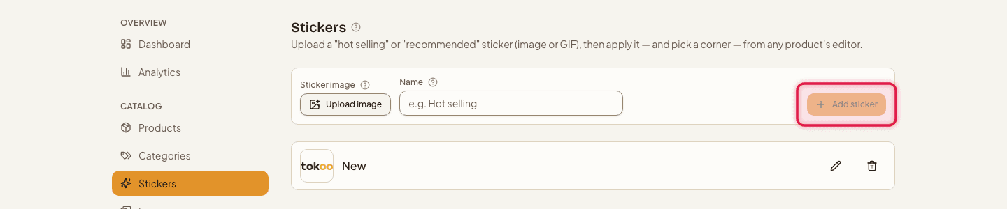 The Stickers page with the Add sticker button highlighted