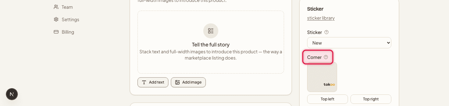 A product's Sticker card with a sticker selected and the Corner options highlighted