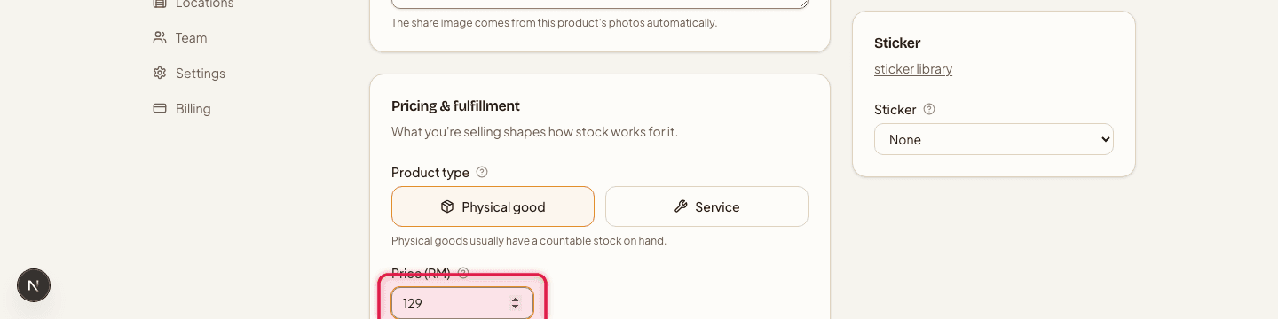 The Pricing & fulfillment card with the Price field highlighted