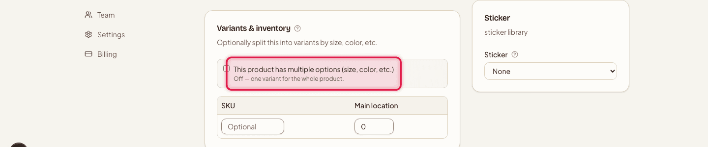 The Variants & inventory card with the multiple-options checkbox highlighted