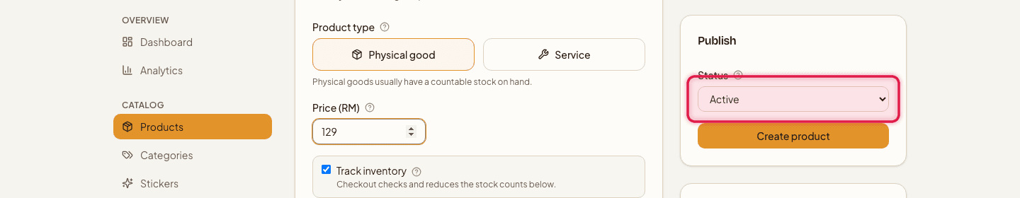 The Publish card with the Status dropdown and Create product button highlighted