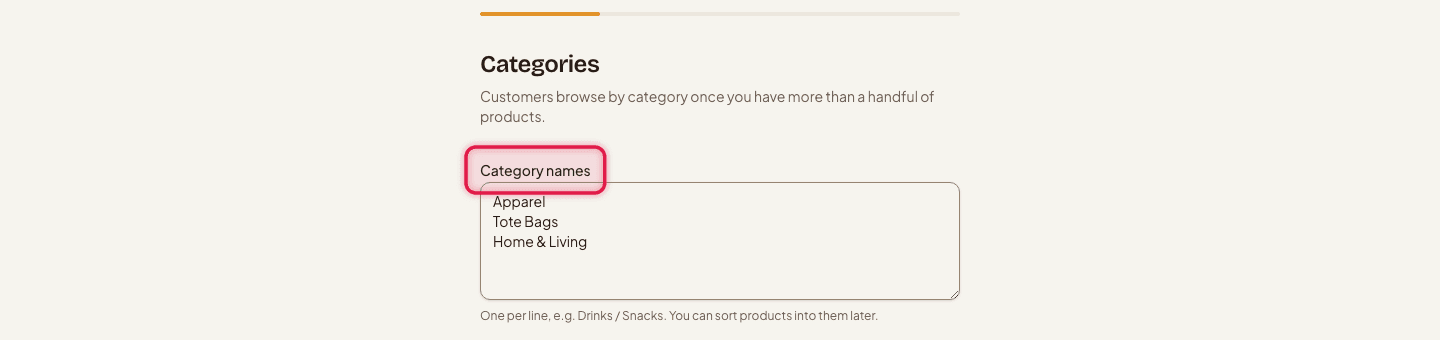 The setup wizard's recommended Categories step, pre-filled with category names
