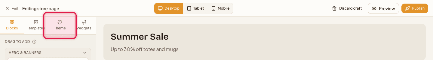 The store editor sidebar with the Theme tab icon highlighted