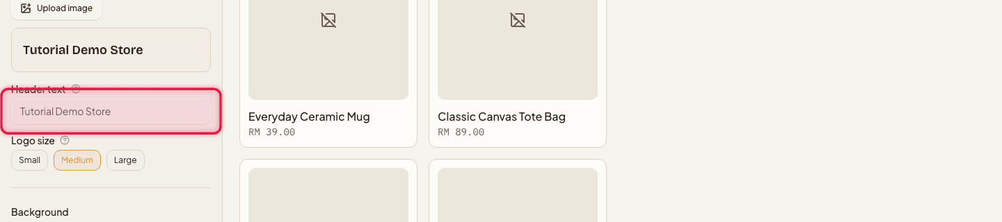 The Theme panel's Logo section highlighted, showing the header text field and logo size options